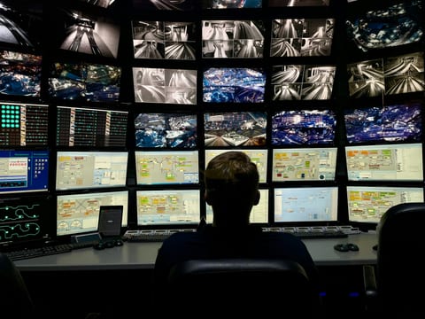 Operator seen from behind facing a large video wall of camera feeds
