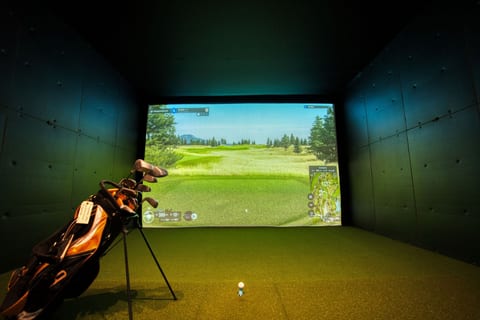 Indoor golf simulator bay with a golf course on the impact screen