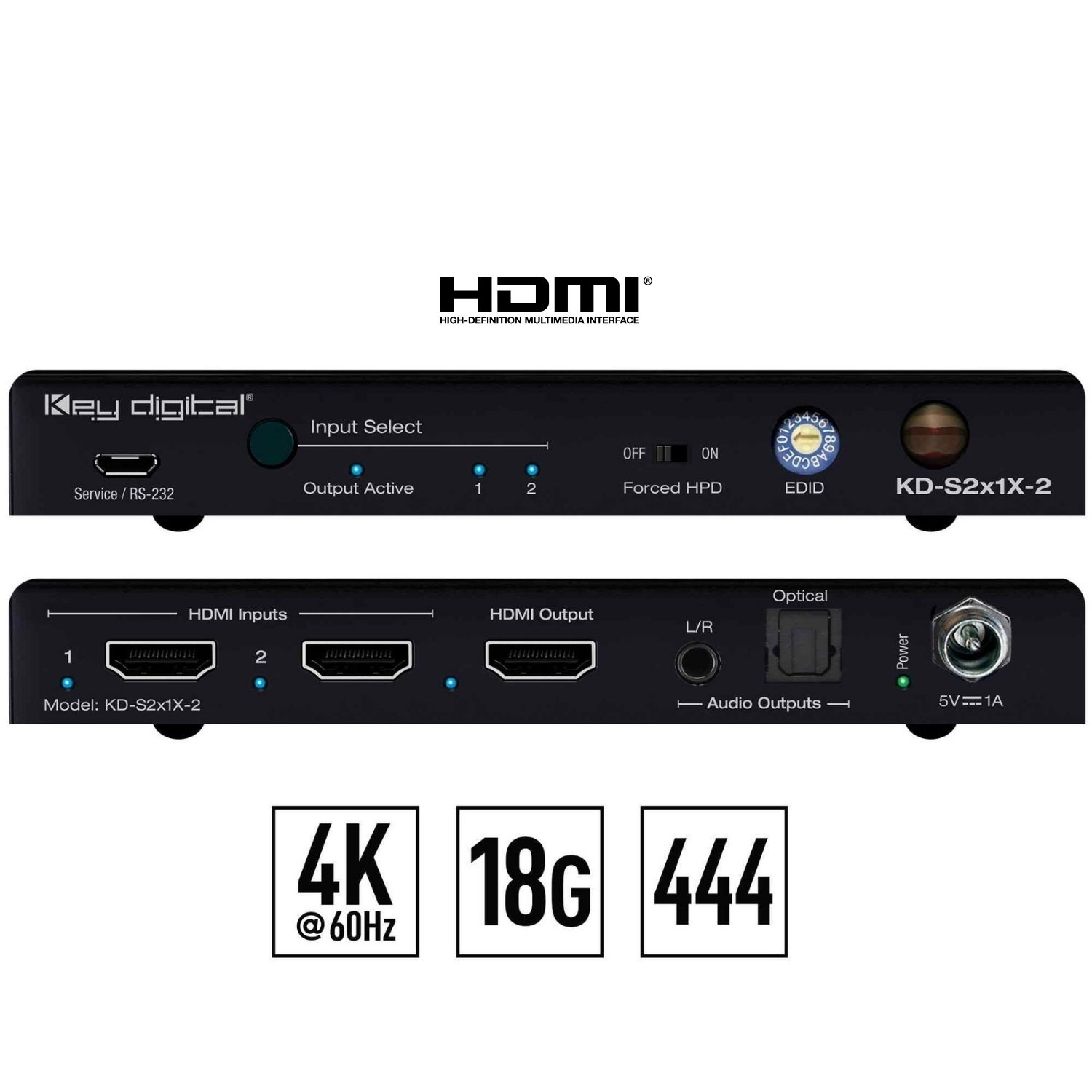Key Digital hdmi 2 input 1 output Front and rear View