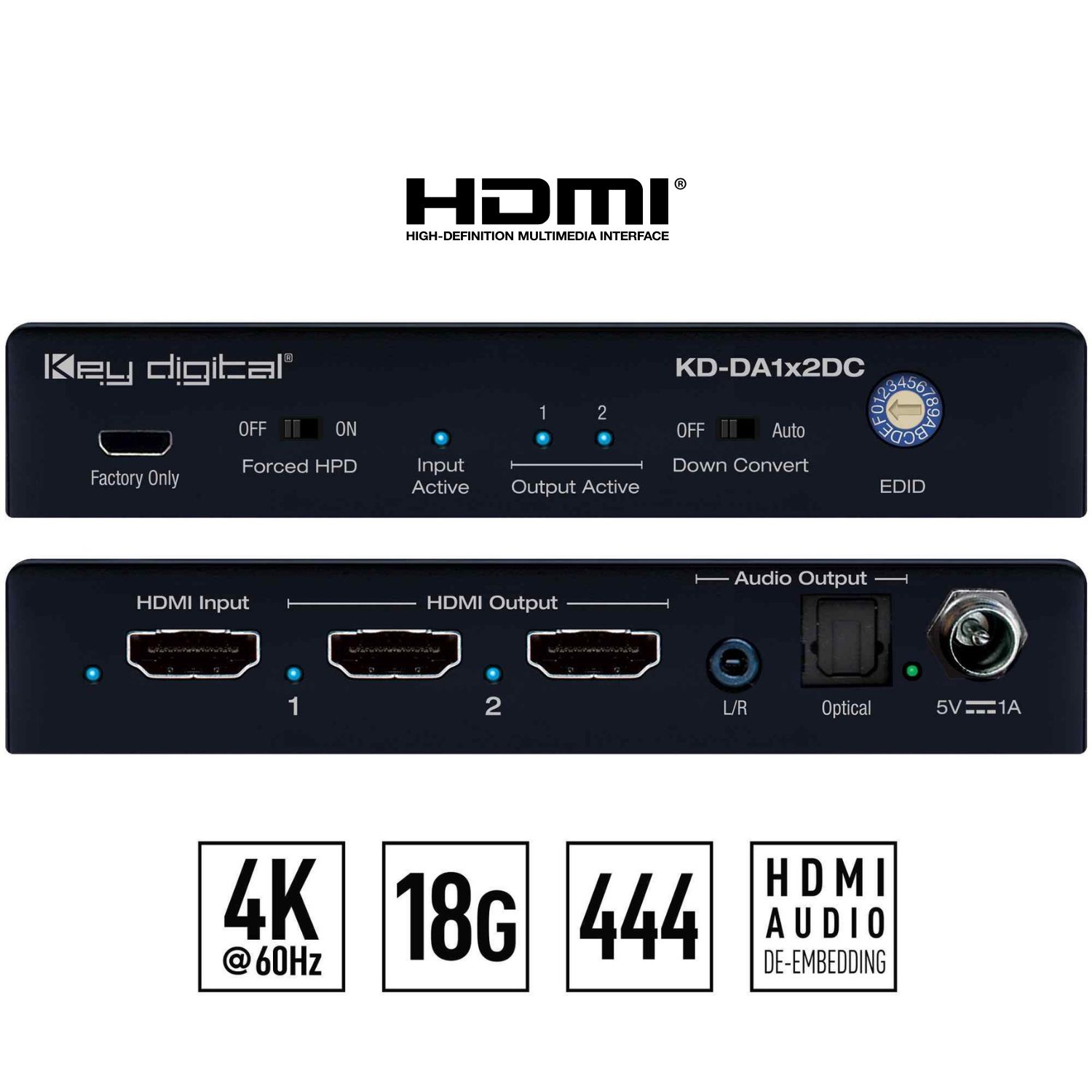 Key Digital hdmi audio splitter front and rear view