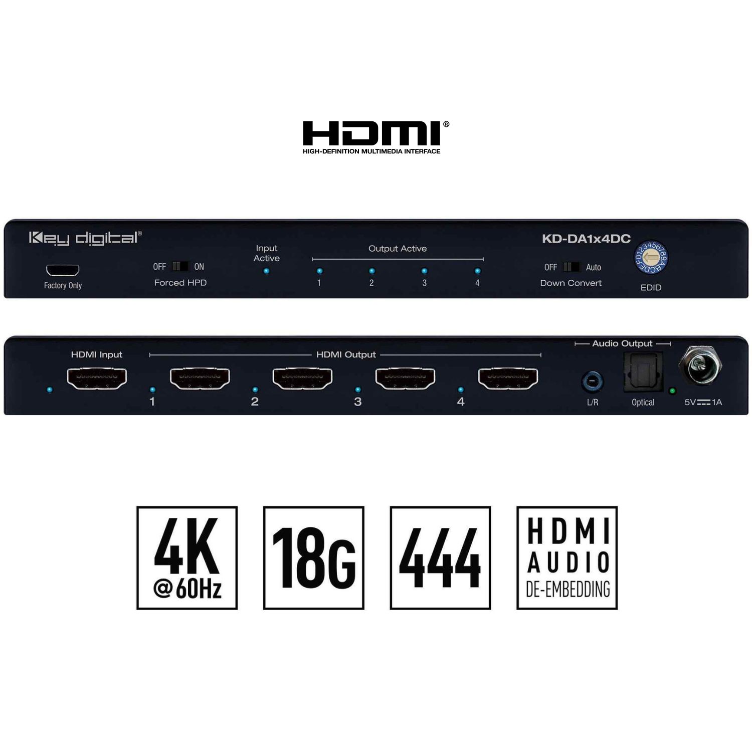 Key Digital hdmi 4k splitter front and rear view