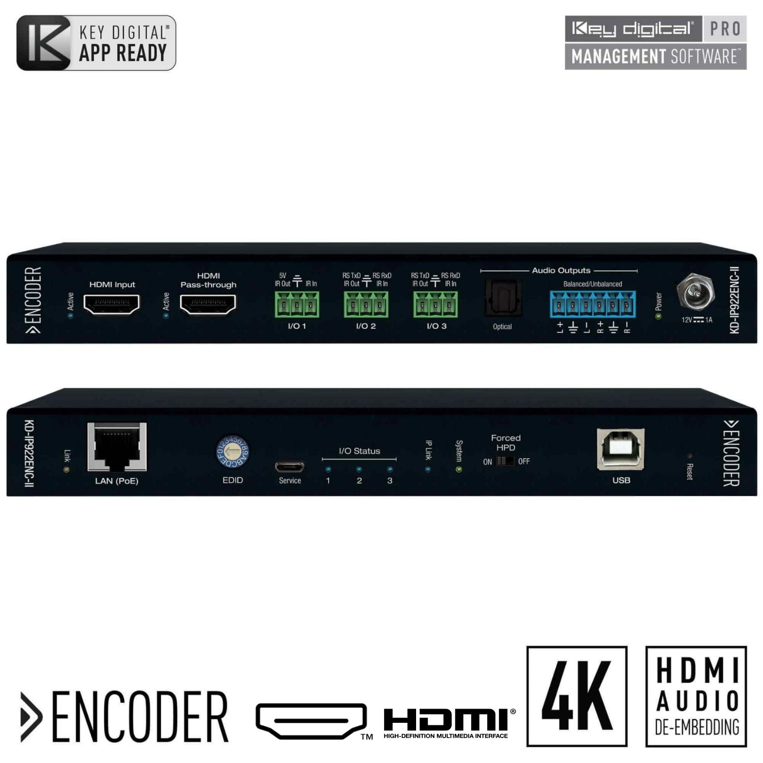 Key Digital av over ip encoder front and rear view