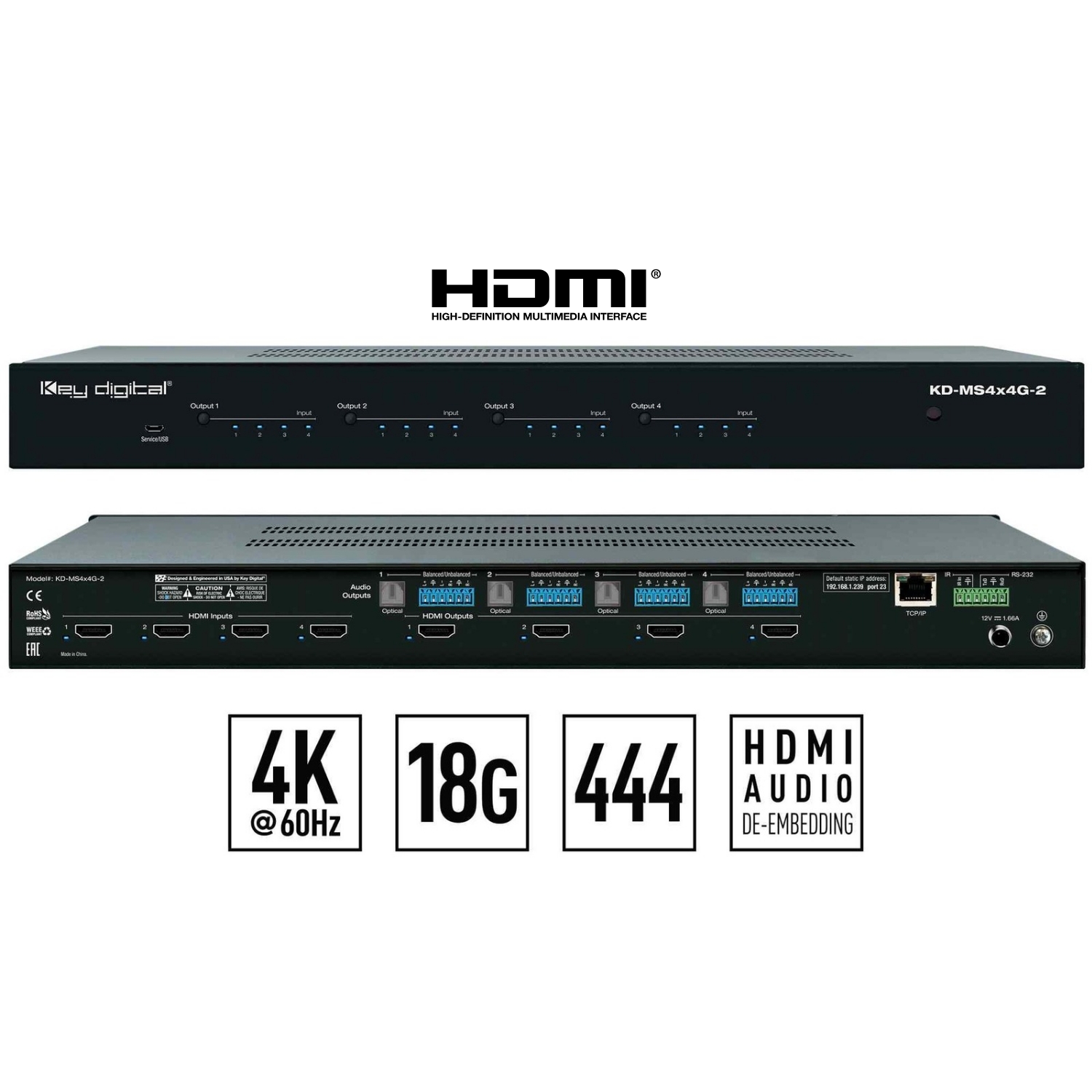 Key Digital hdmi matrix switcher 4x4 front and rear view