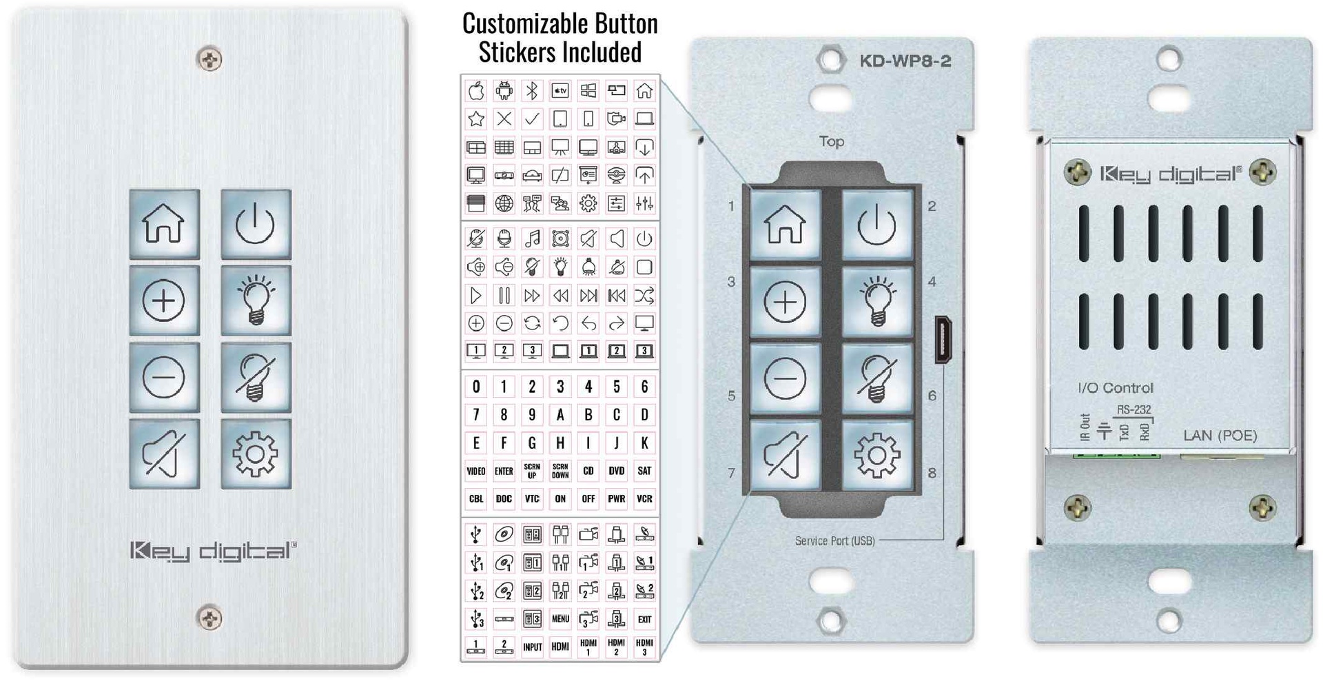 KD-WP8-3 - 8 Button Programmable IP, RS-232, IR Control Keypad